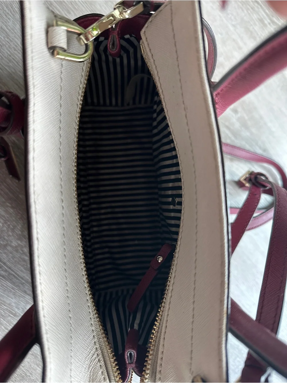 kate spade Cream and Burgundy Leather Top-Handle Satchel